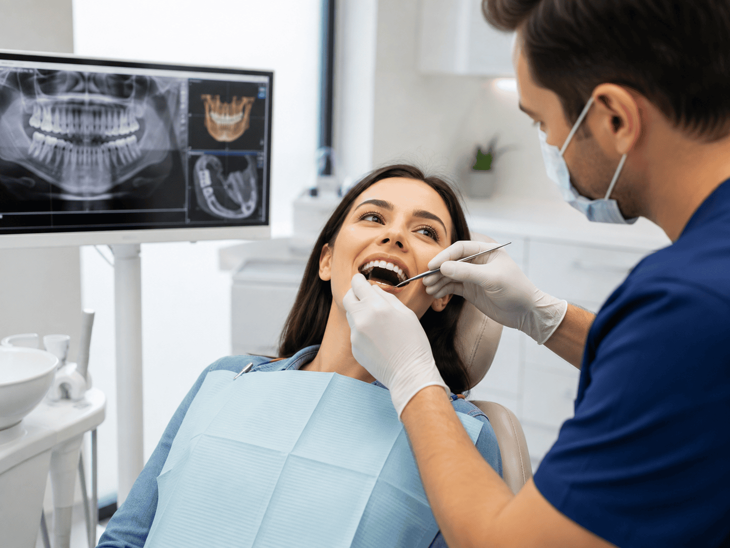 Woman in a dental chair smiles during a checkup as the dentist uses a tool in her mouth; dental X-ray images appear on a monitor in the background.