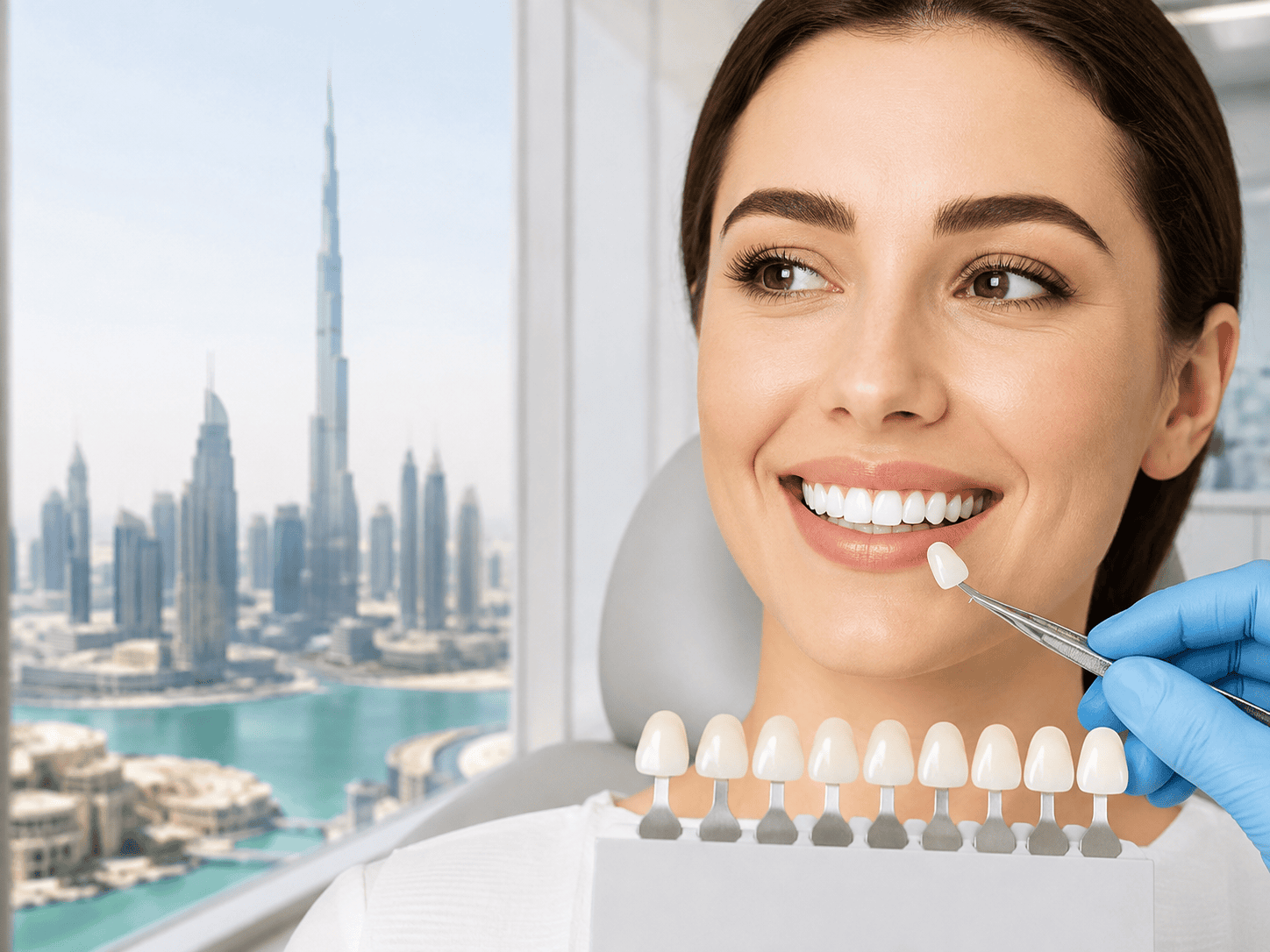 Smiling patient in a dental chair checks a shade sample held near her teeth by a gloved dentist, skyline view outside the window.