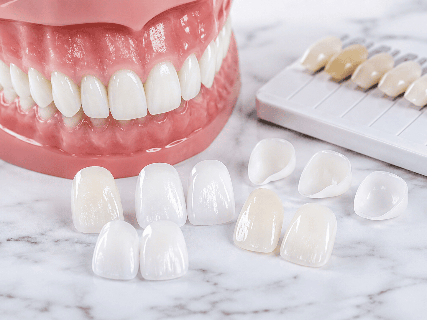 Dental prosthetics setup with a model mouth, veneer teeth, and a tooth shade guide on a marble surface.